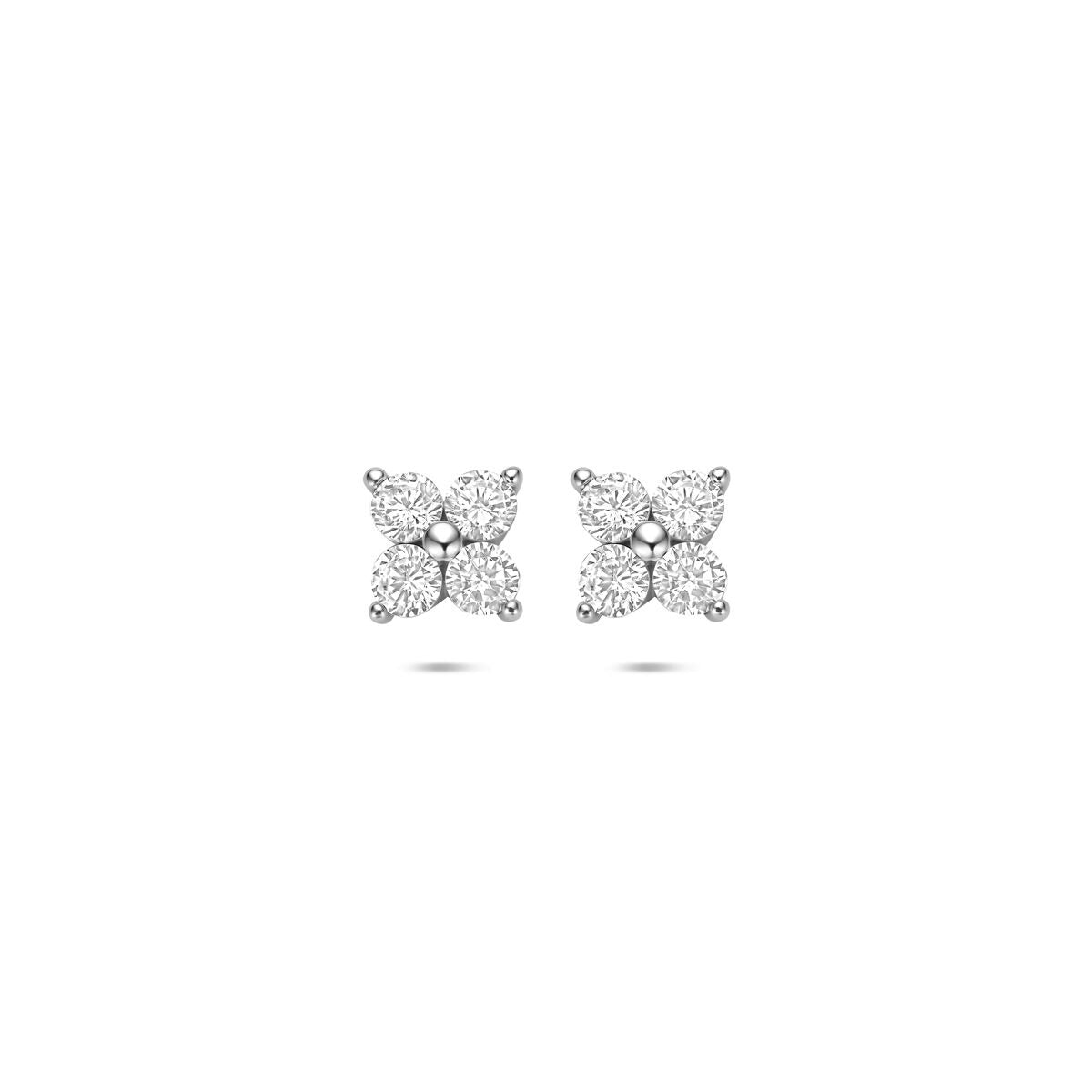 Pendientes de primera puesta de plata rodiada 925 con zirconitas en forma de flor.