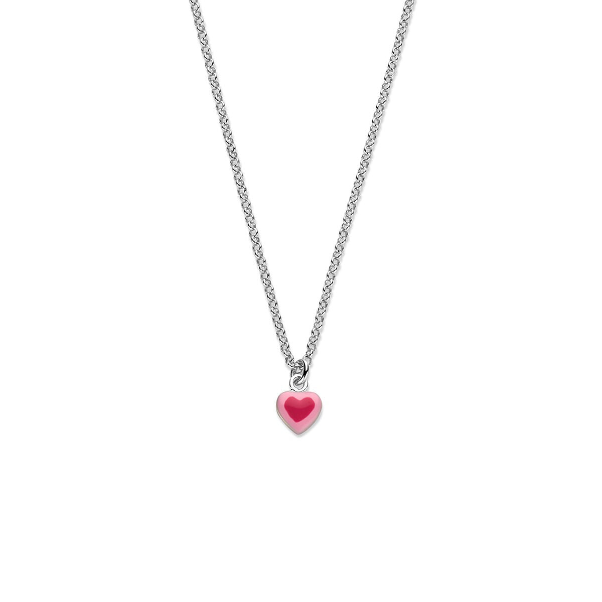 Collar infantil de plata rodiada con un colgante en forma de corazón rosa, longitud de 34 + 2 cm.