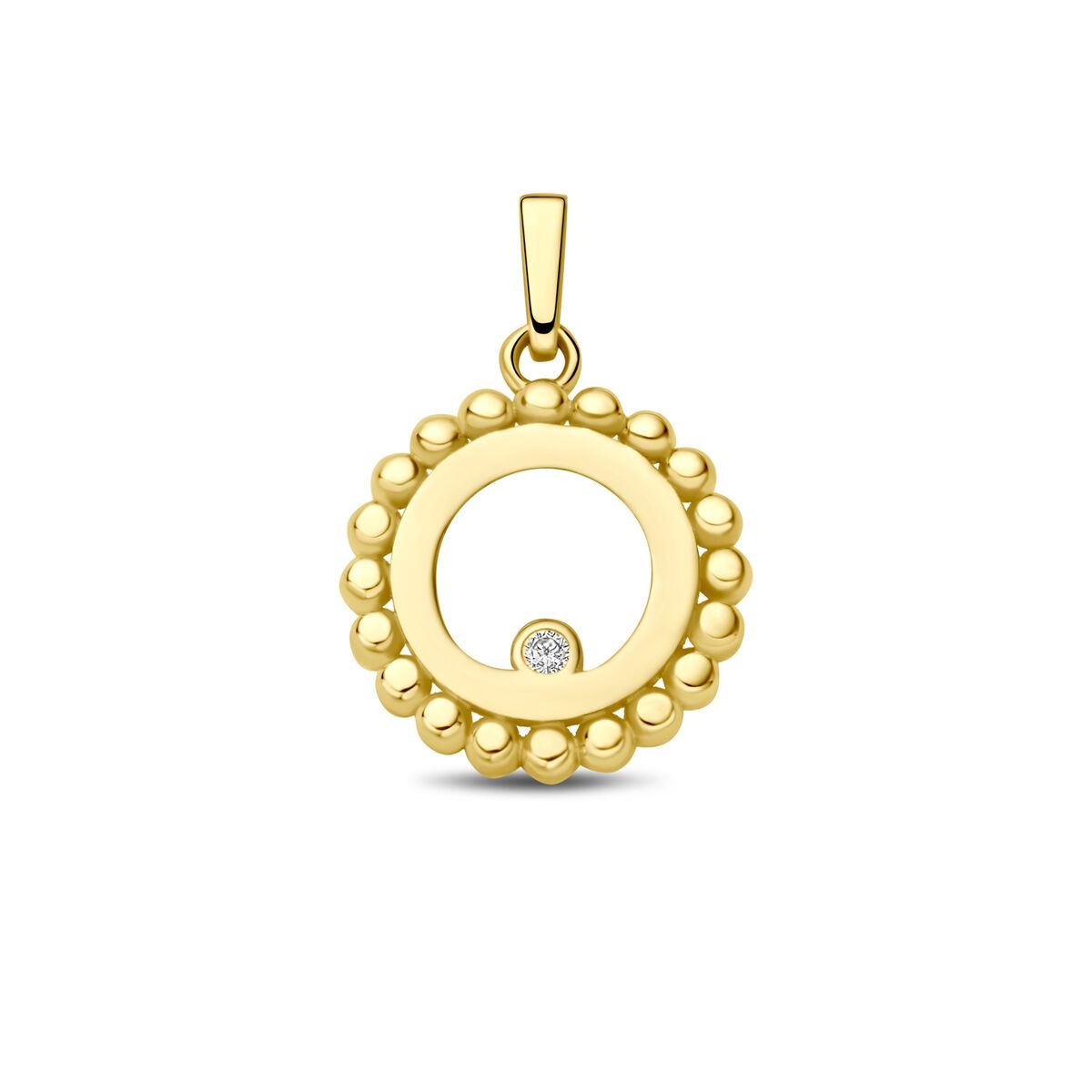 Colgante redondo de oro amarillo de 9k con circonita y detalles en forma de perlas.