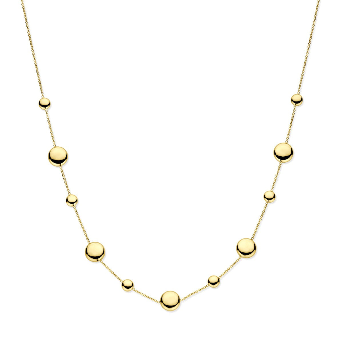 Collar de dama en oro amarillo de 14k con esferas brillantes en diferentes tamaños.