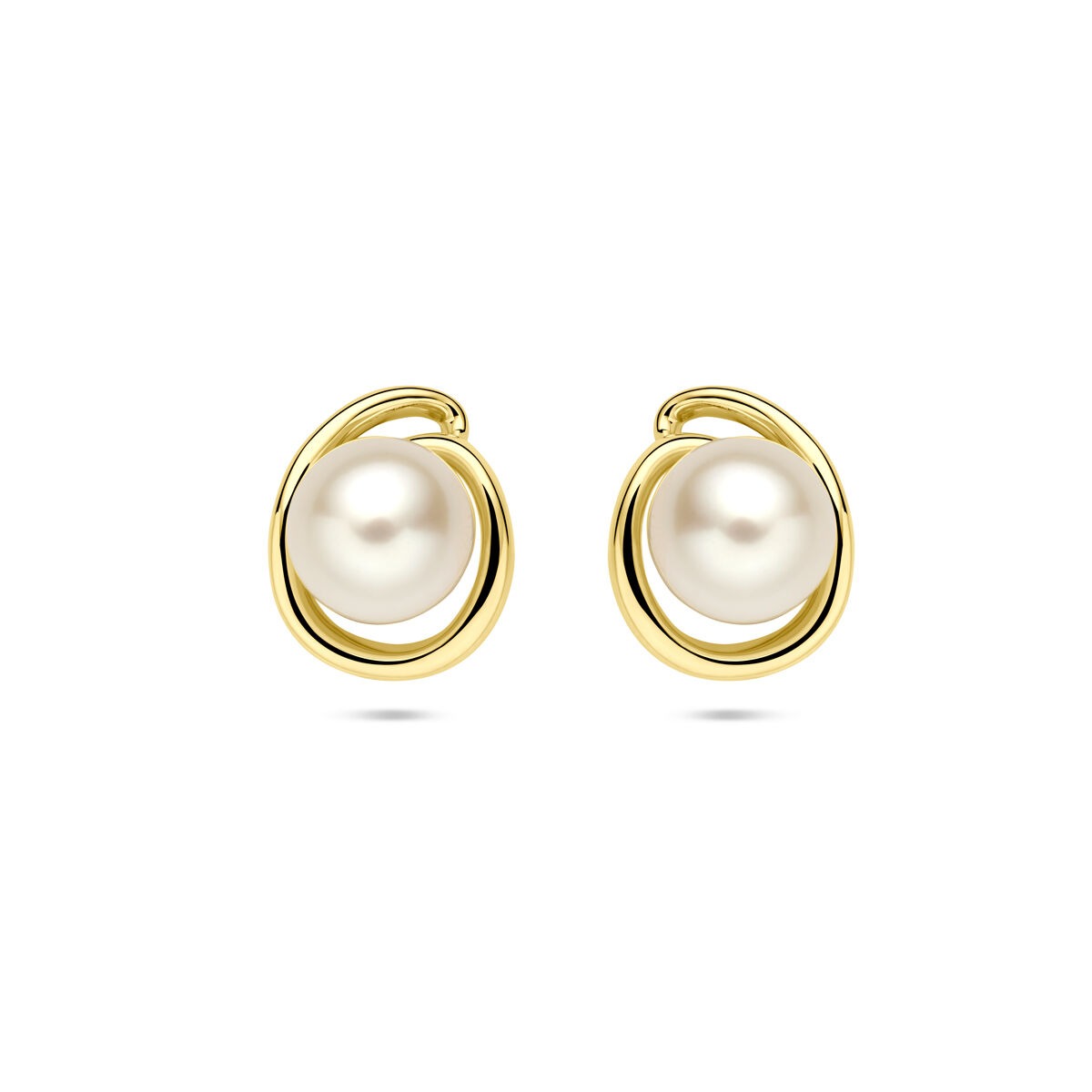 Pendientes de perla de 14k con base dorada, forma redonda y tamaño de 8 mm.