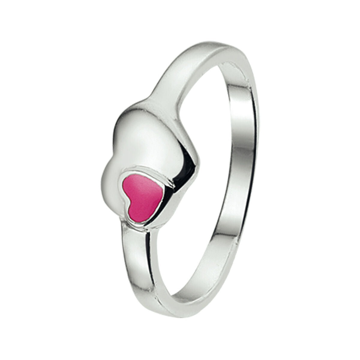 Anillo de plata rodiada para niña con corazón de esmalte rosa.