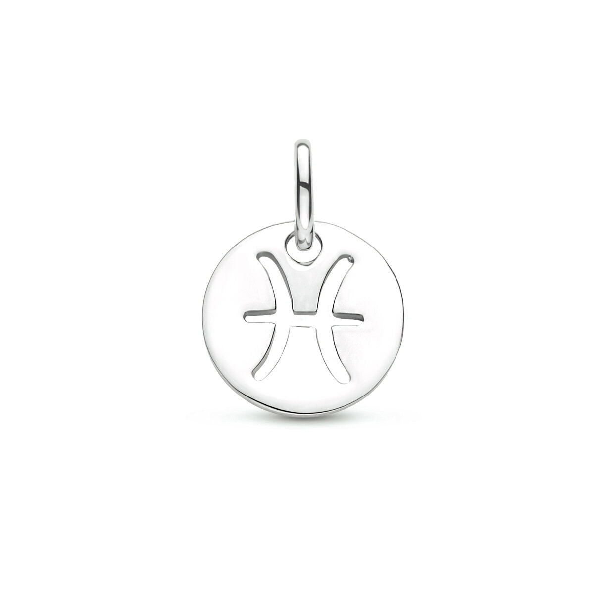 Colgante de signo zodiacal en plata de ley 925 con acabado en rodio, forma circular y símbolo de Piscis.