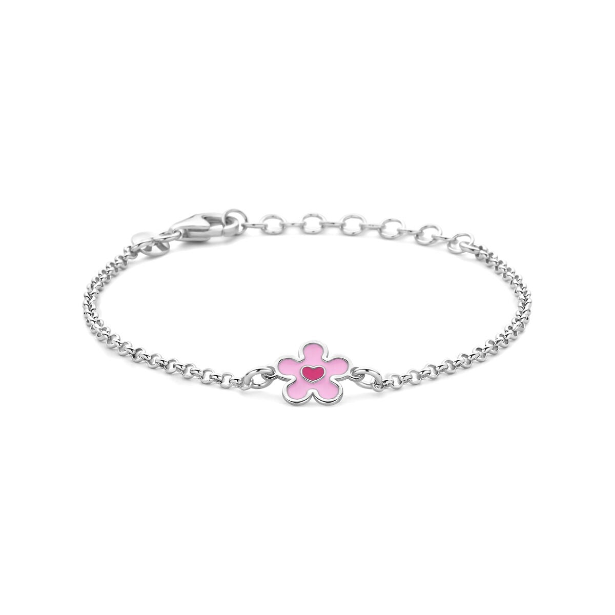 Pulsera infantil de plata 925 rodiada con un charm de flor rosa y corazón.