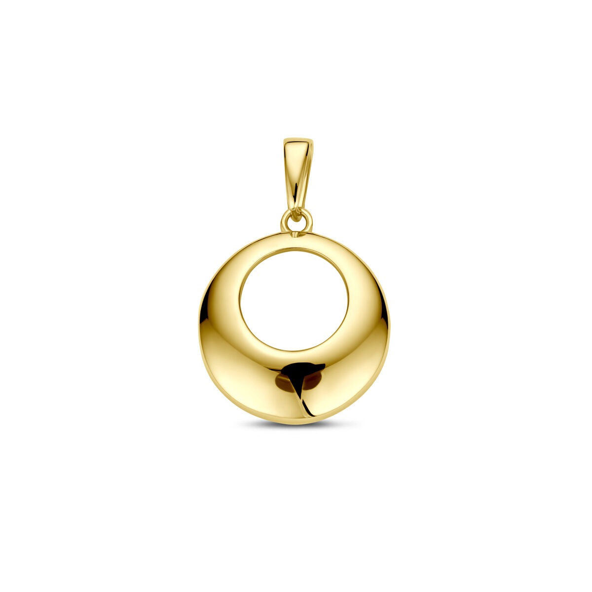 Colgante de oro amarillo de 14k con forma circular y acabado pulido, que refleja la luz.