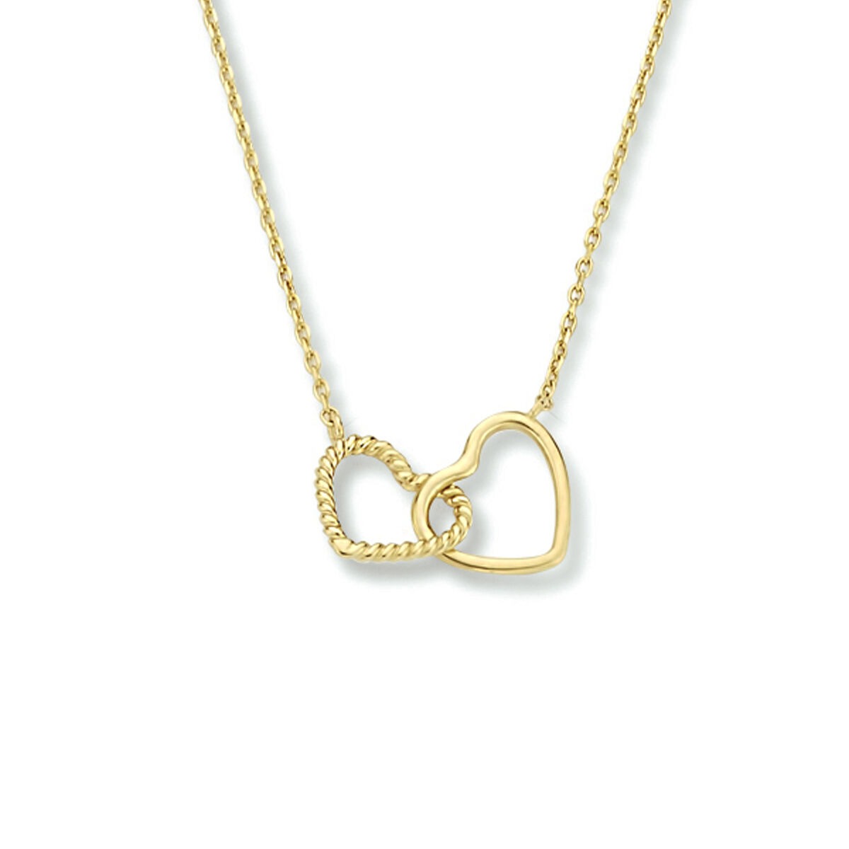 Geelgouden collier met twee hartjes, waarvan één met een geribbelde afwerking en de ander glad.