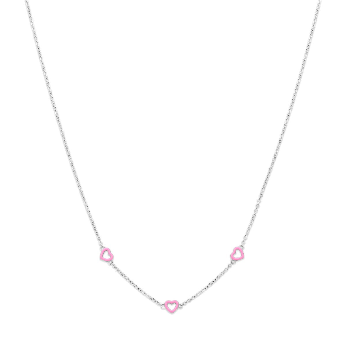 Collar infantil de plata rodiada con corazones rosas.