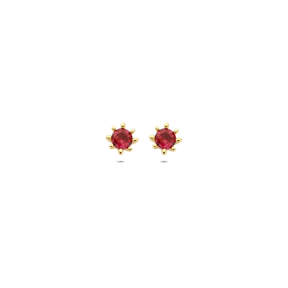 Pendientes de oro amarillo de 9 quilates con circonitas rojas en forma de flor.