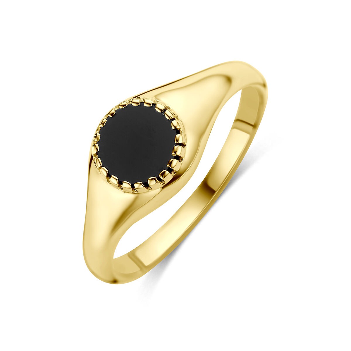 Anillo de oro amarillo de 9 quilates con ónice negro en forma ovalada y detalle de engaste.