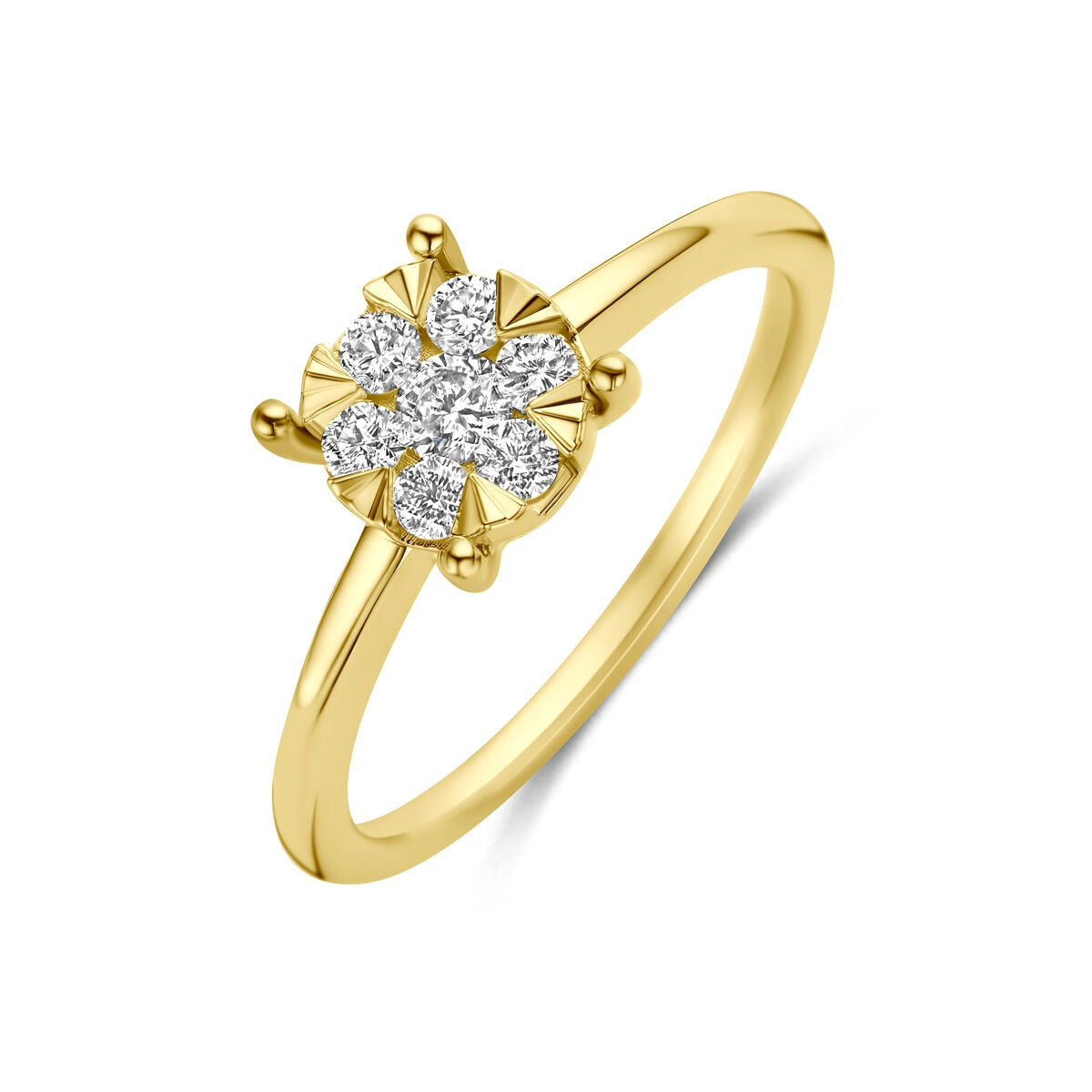 Anillo de oro amarillo de 14k con diamante cultivado en laboratorio en forma de flor.
