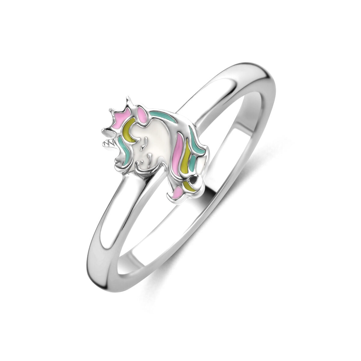Anillo infantil de plata rodiada 925 con diseño de unicornio y detalles en colores pastel.