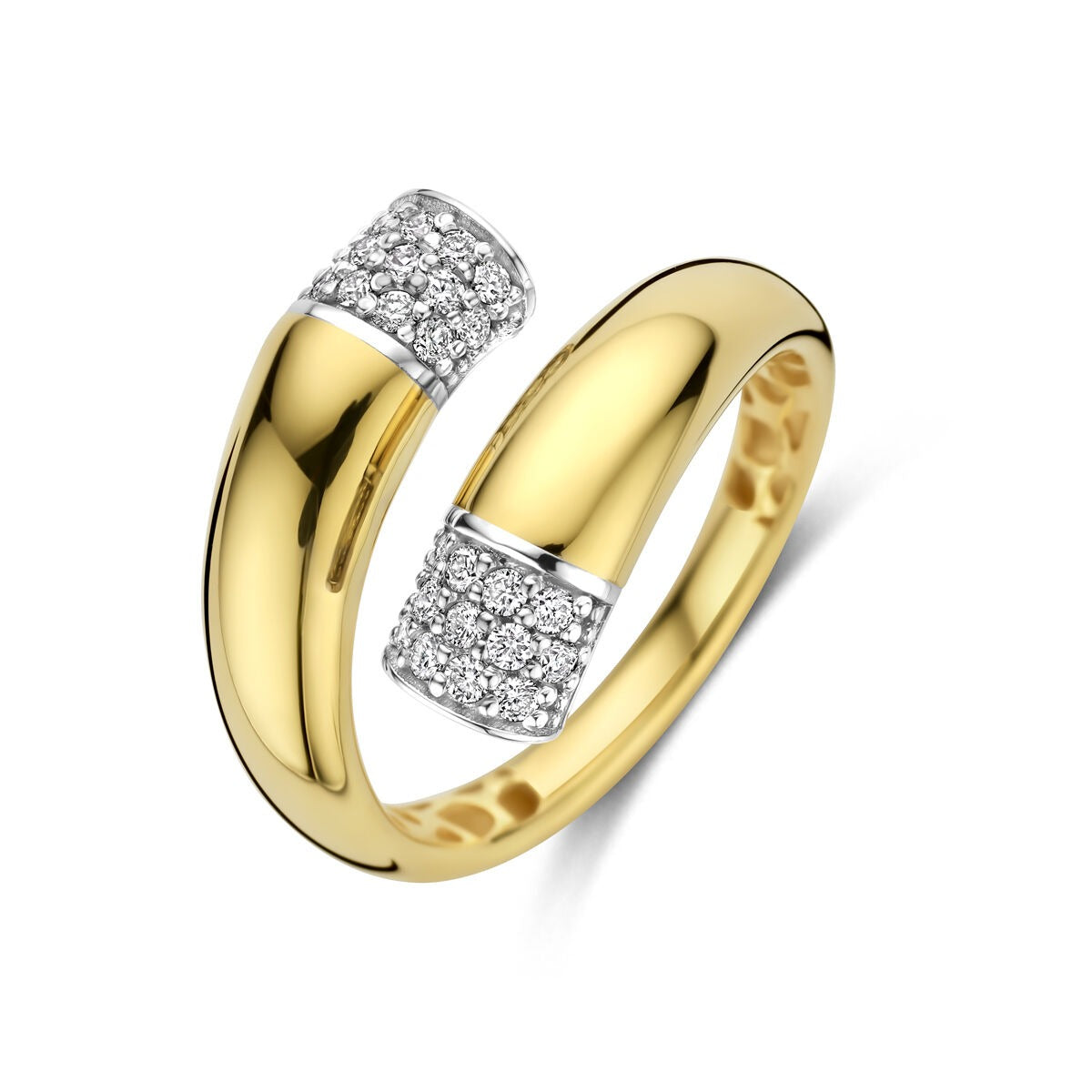 Anillo bicolor de 14k para dama con diamantes, de 16 mm de ancho y acabado brillante.