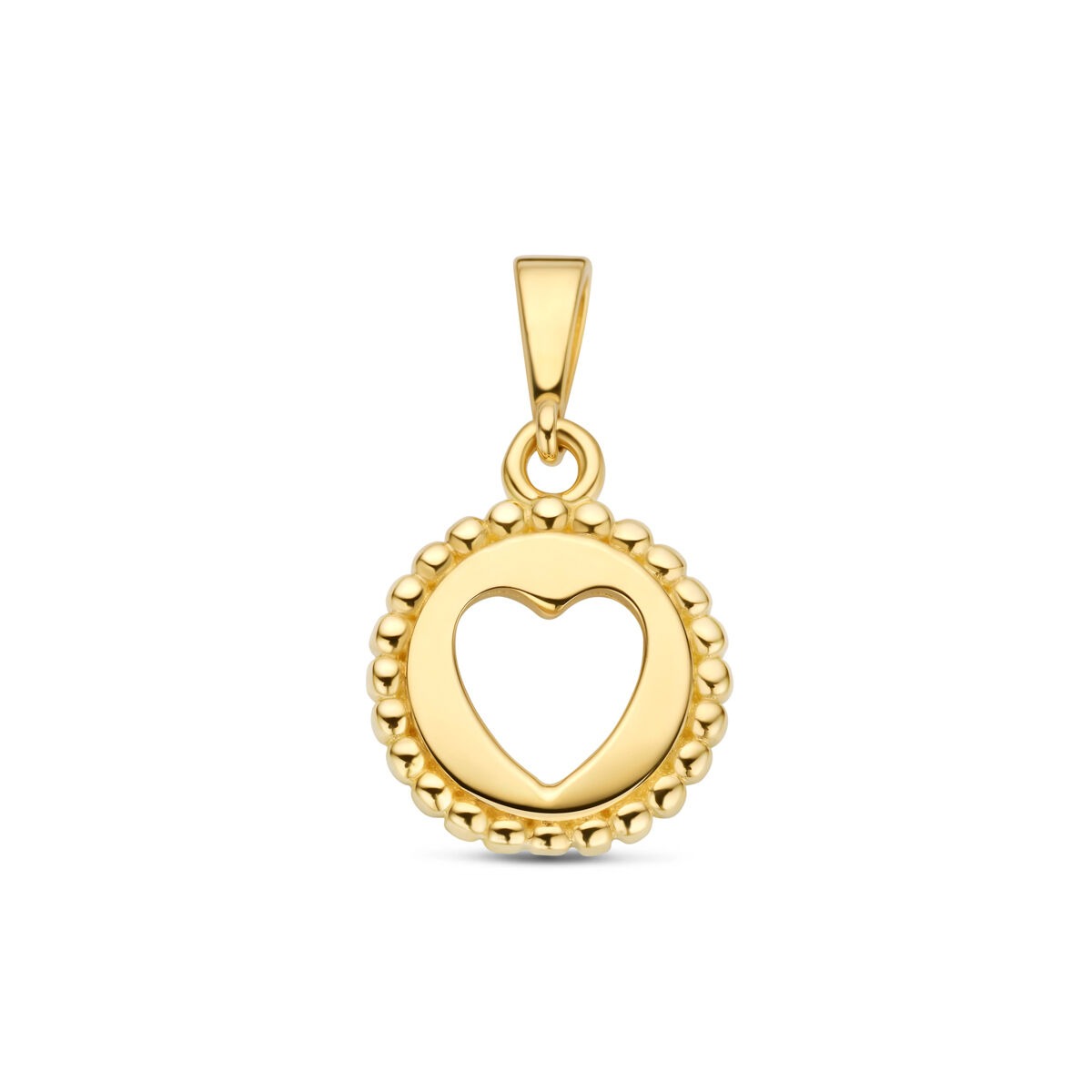 Colgante de corazón en oro amarillo de 9 quilates con borde de bolitas.
