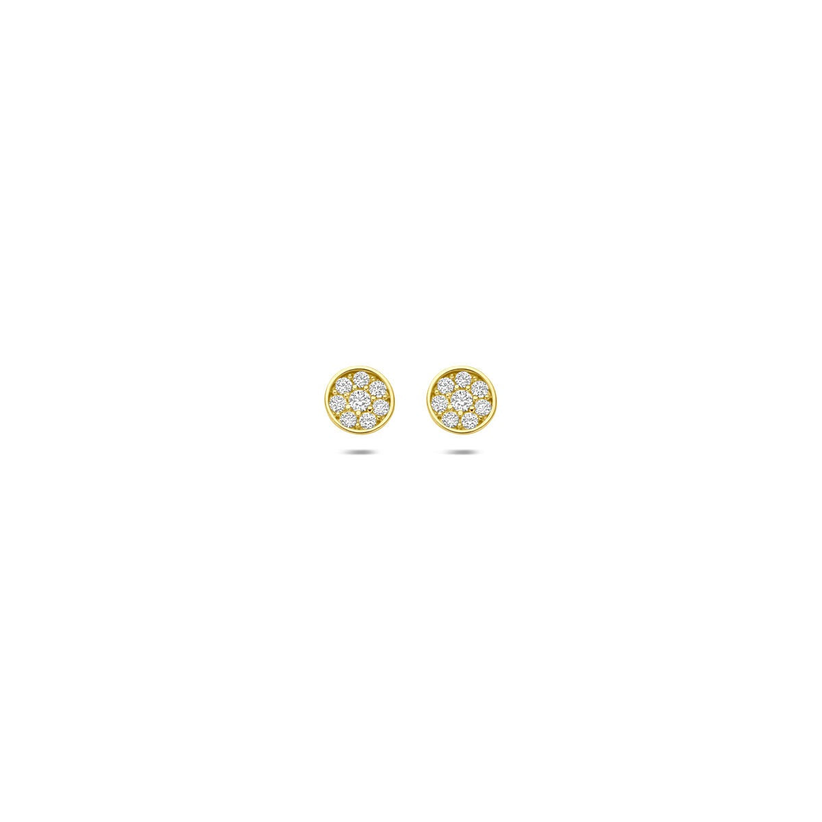 Pendientes de oro de 14k con zircón en pavé, con forma redonda y brillo sutil.