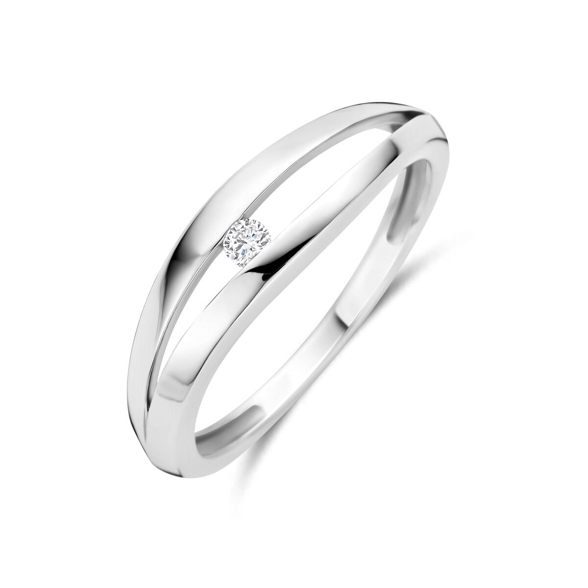 Anillo de dama de plata con diamante cultivado en laboratorio, ancho de 6 mm.