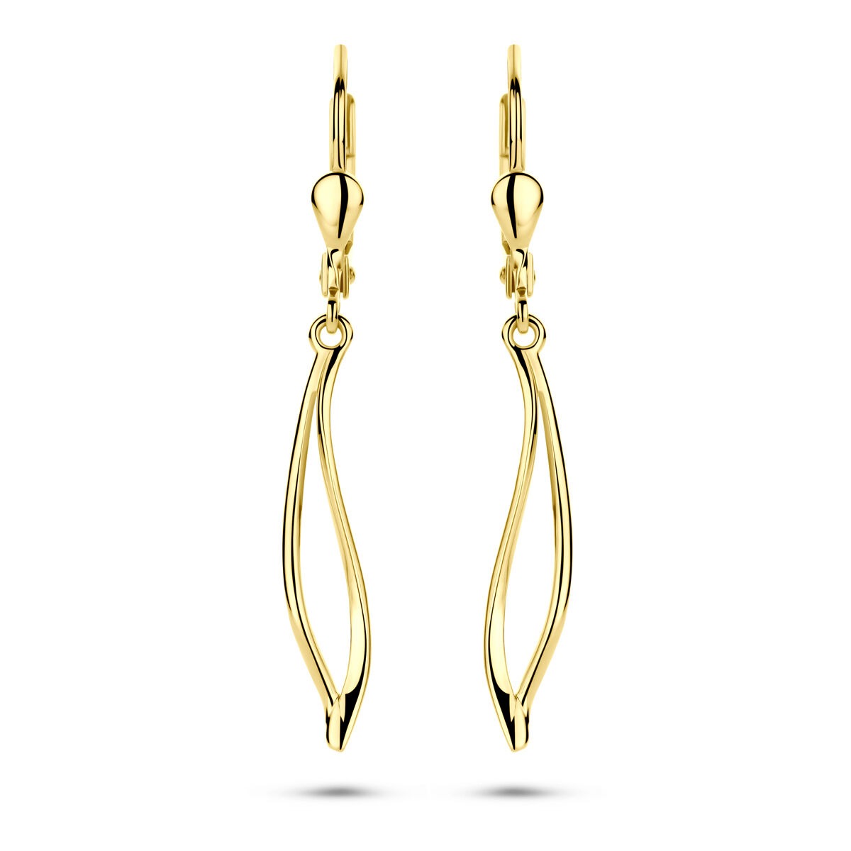 Pendientes largos de oro amarillo de 14k con gancho brisur y diseño ondulado.
