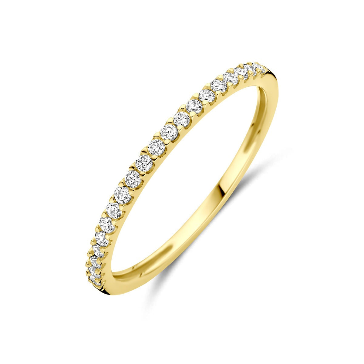 Anillo de oro amarillo de 14k con diamantes lab-grown de 0.15ct en un diseño delicado.