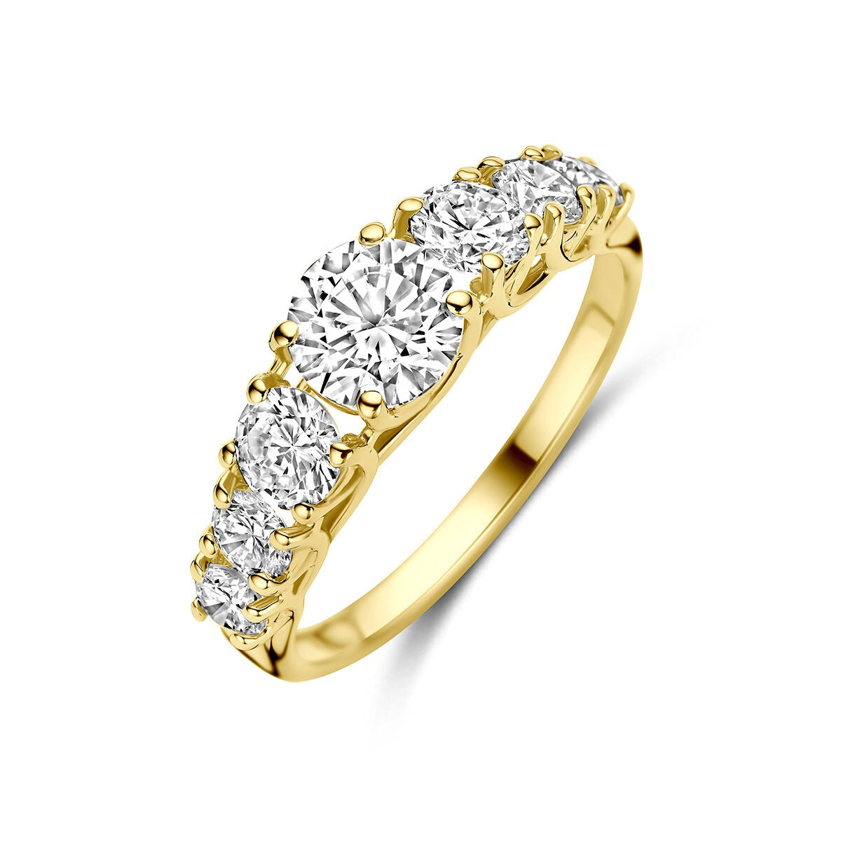 Anillo de oro amarillo de 14k con diamantes lab-grown en un diseño de cinco piedras.