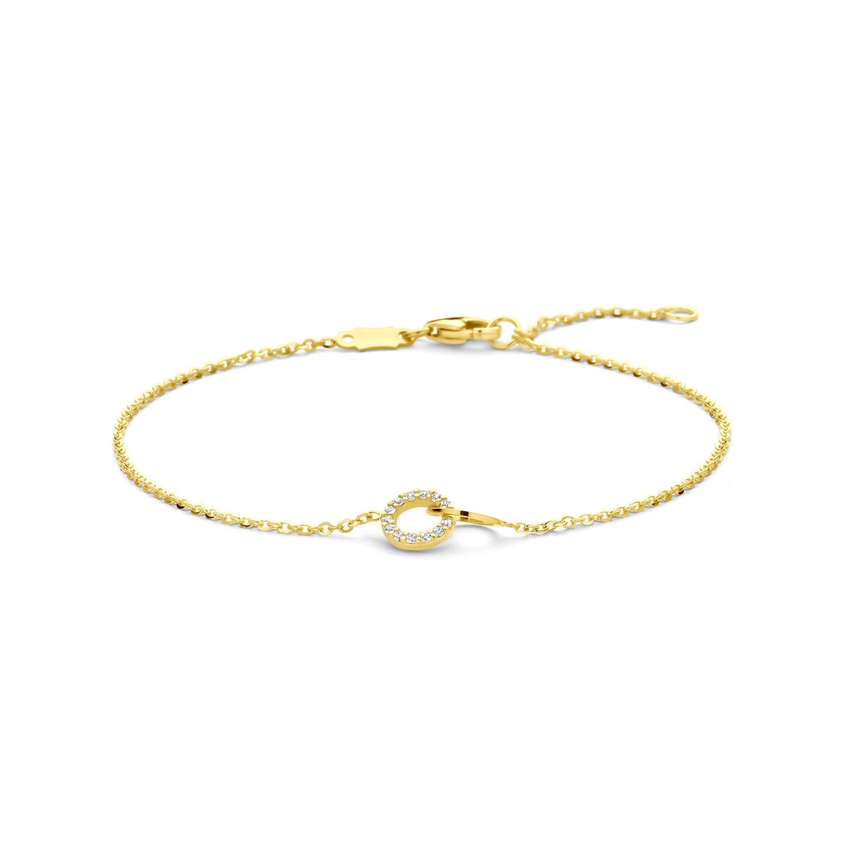 Pulsera de dama de oro amarillo de 14k con zirconitas, diseño delicado y cierre en forma de anillo.