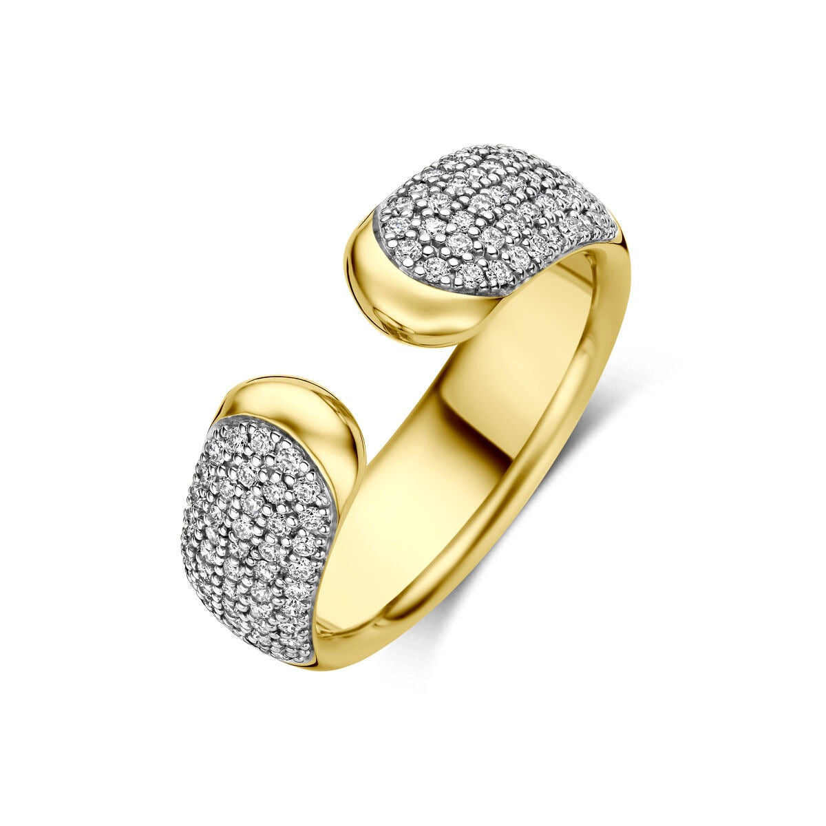 Anillo de oro amarillo de 14k con diamantes brillantes en ambos extremos.