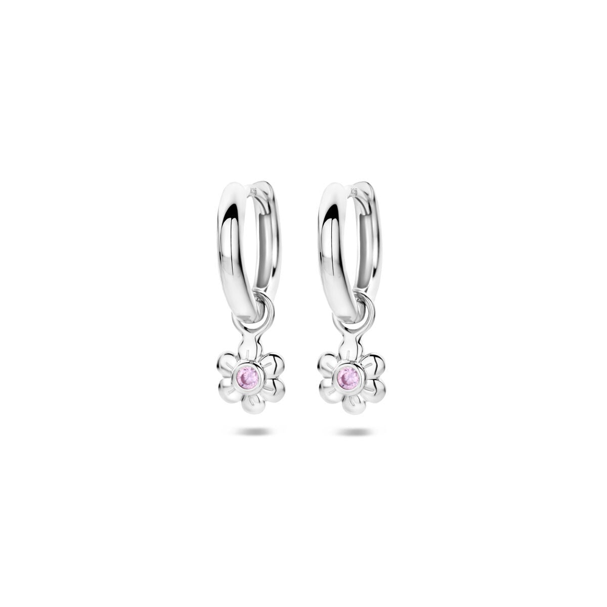 Aros de plata con diseño de flor y circonitas rosas.