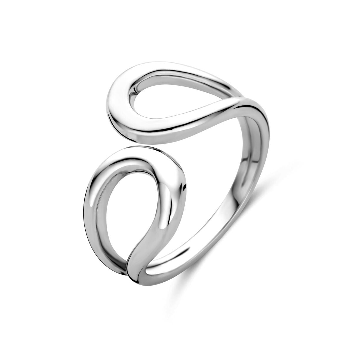 Anillo de plata rodiada de 12 mm con diseño fluido y acabado pulido.