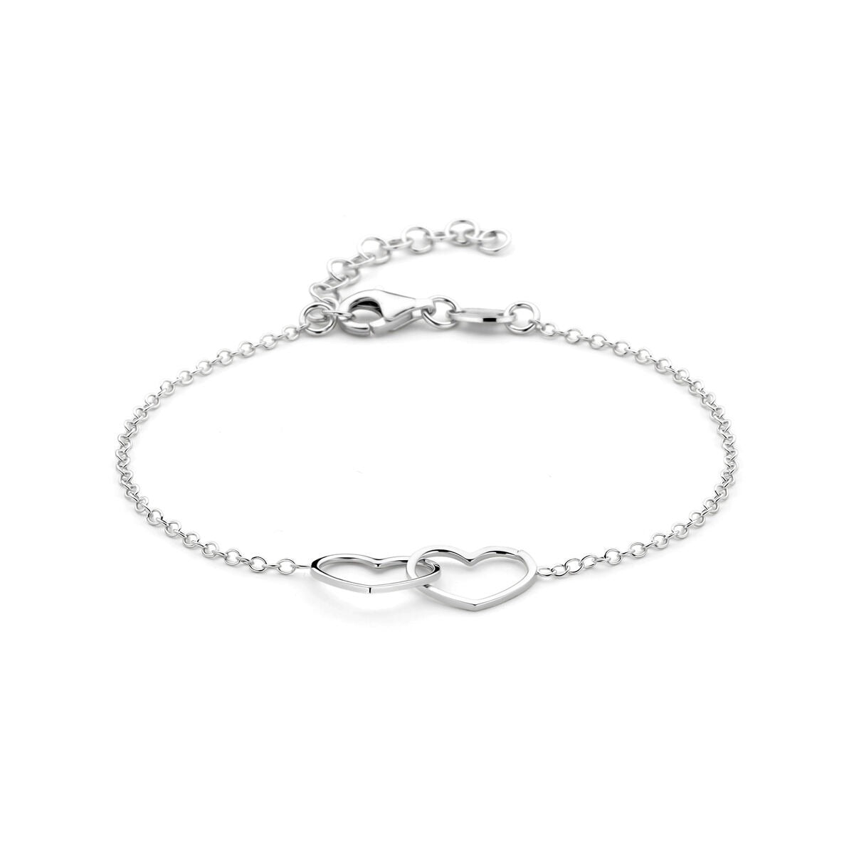 Pulsera de corazones plateada con dos corazones entrelazados, acabada en rodio.