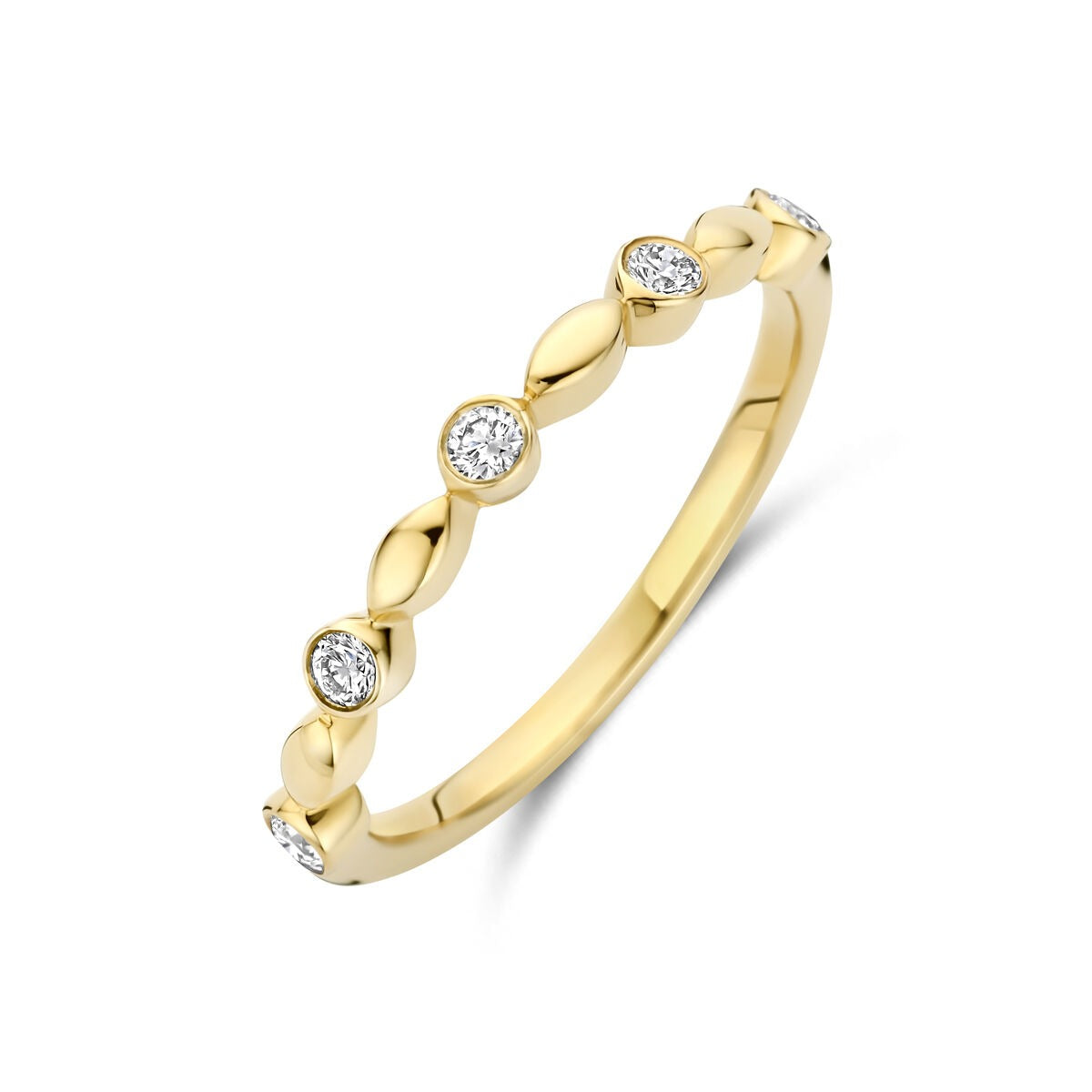 Anillo de oro amarillo de 14k con diamantes lab-grown de 0.13 ct, diseño con formas onduladas.