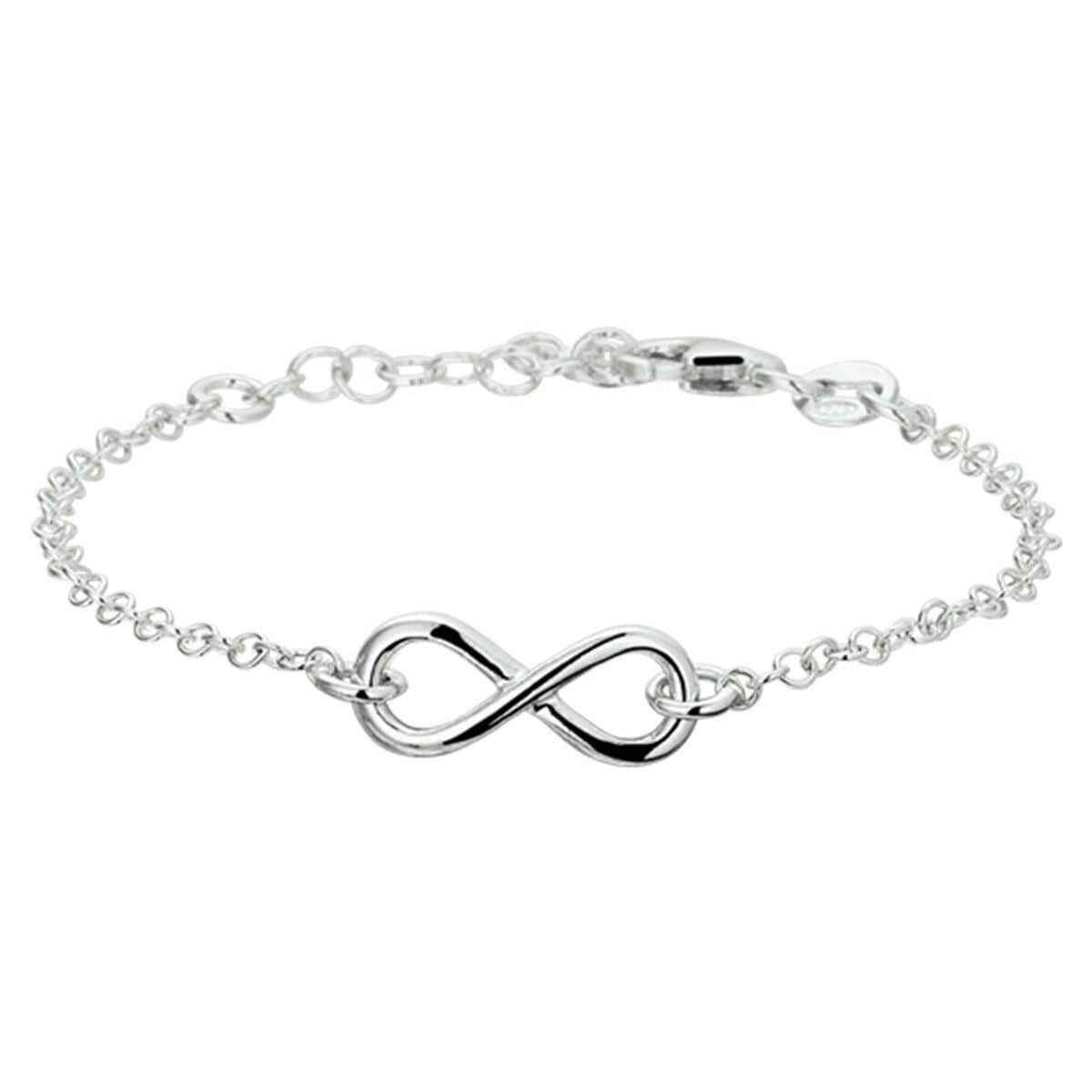 Pulsera de plata rodiada con símbolo de infinito en el centro y cadena delicada.