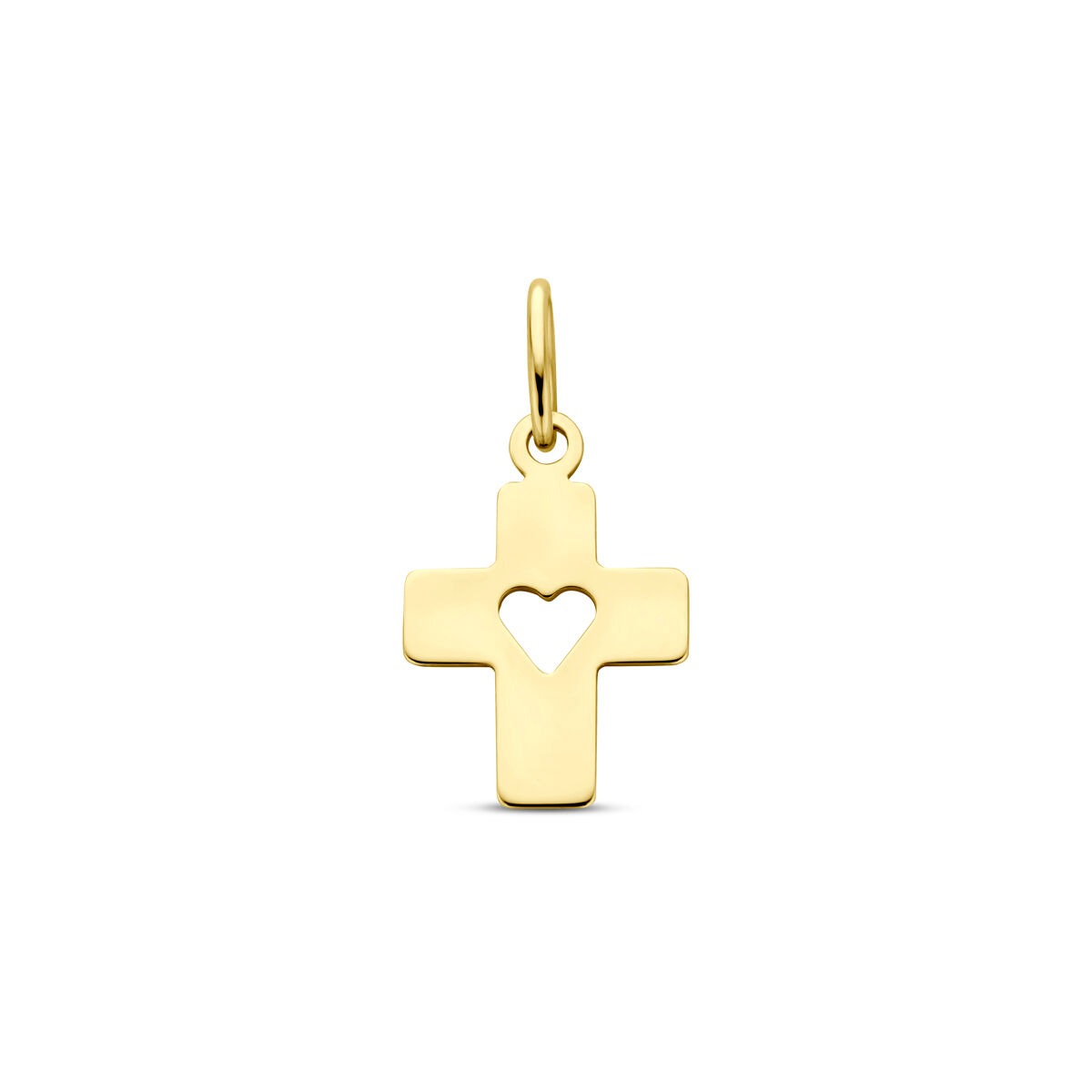 Colgante de cruz de oro amarillo de 14k con un corazón en el centro, mide 18 mm.