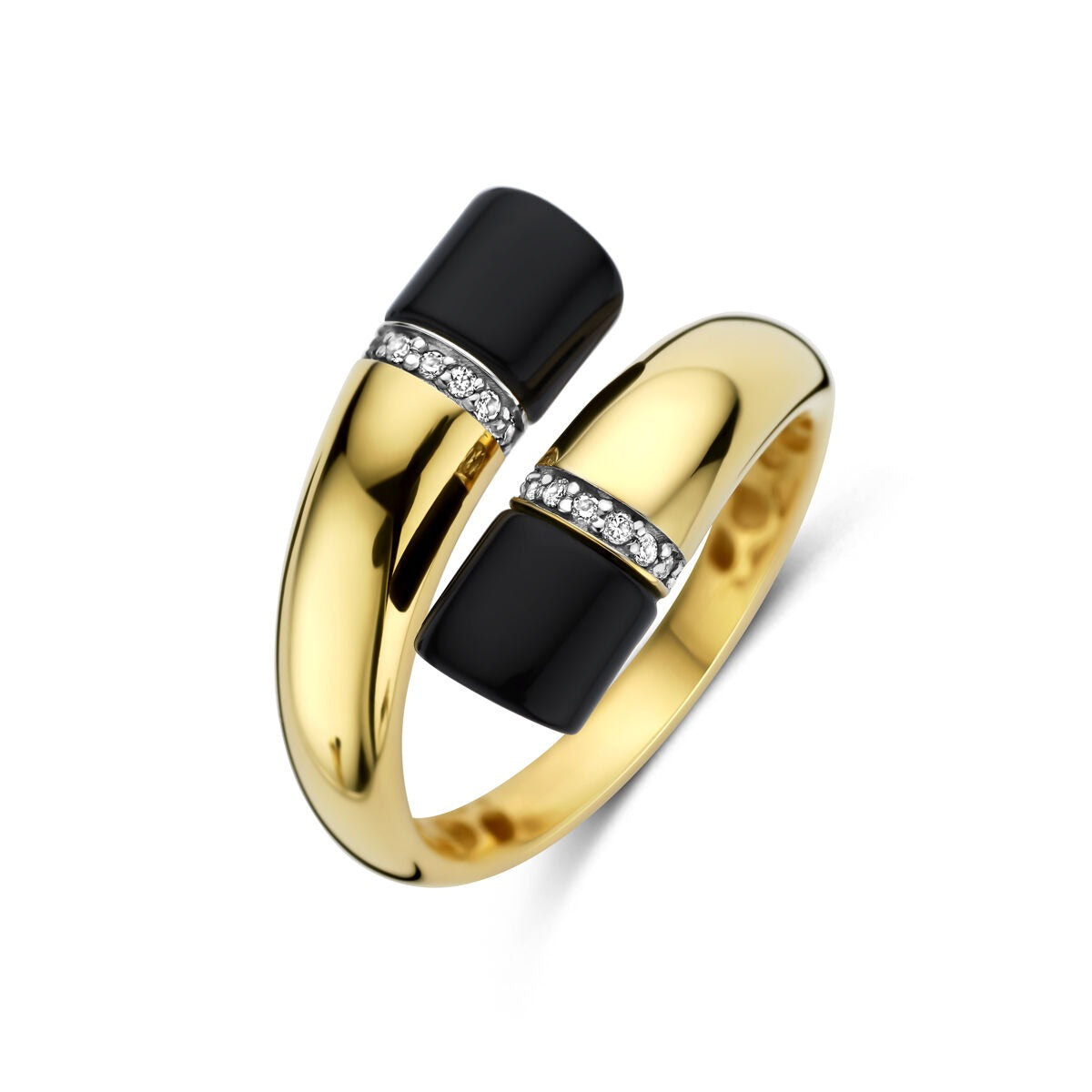 Anillo de dama en oro amarillo de 14k, con onyx negro y diamantes, de 16 mm de ancho.