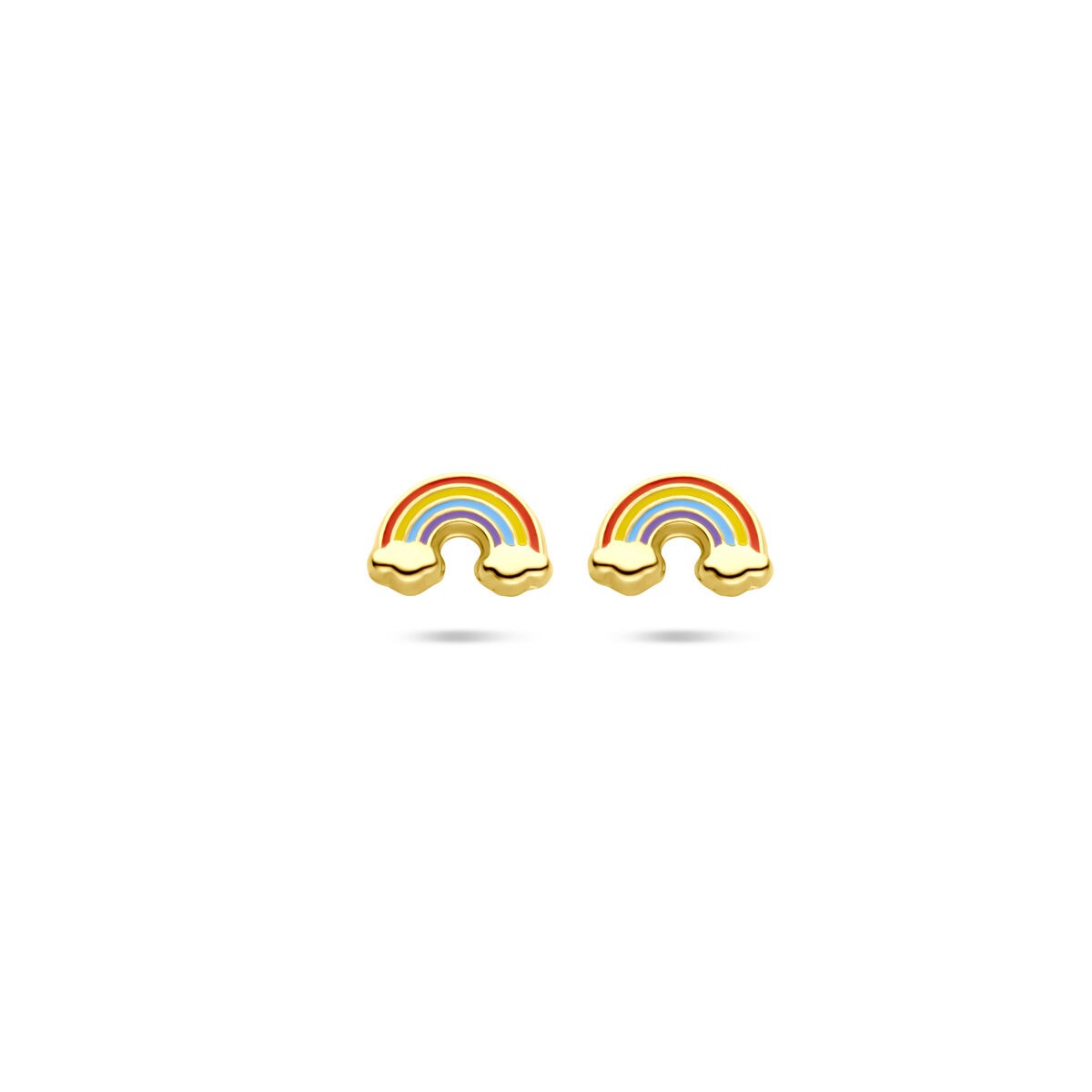 Pendientes de oro amarillo de 14k con diseño de arcoíris y detalles multicolores.