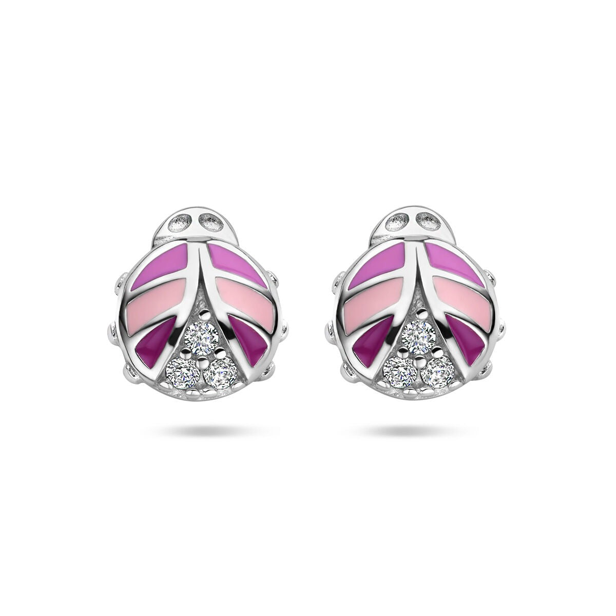 Pendientes de primera puesta en forma de mariquita, con detalles en tonos rosa y circonitas.