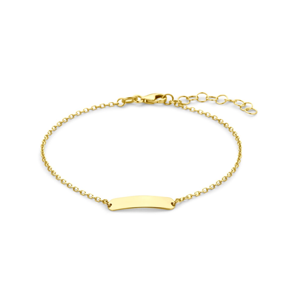 Pulsera de oro amarillo de 9 quilates con placa para grabar y cadena ajustable.