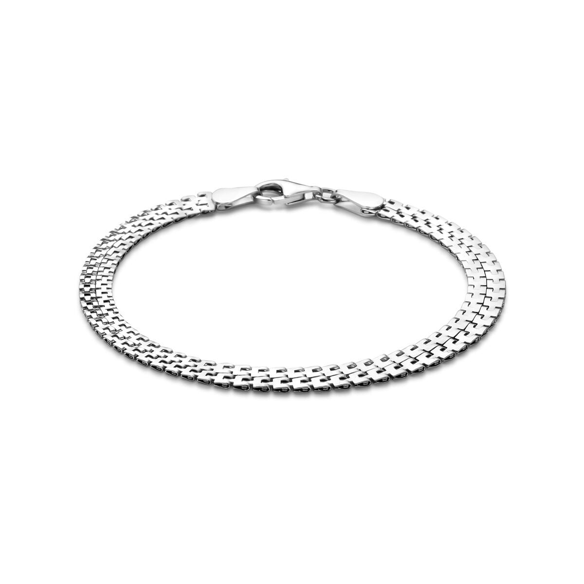 Pulsera de dama plateada, rhodiumada, con eslabones de fantasía de 5 mm y longitud de 18 cm.
