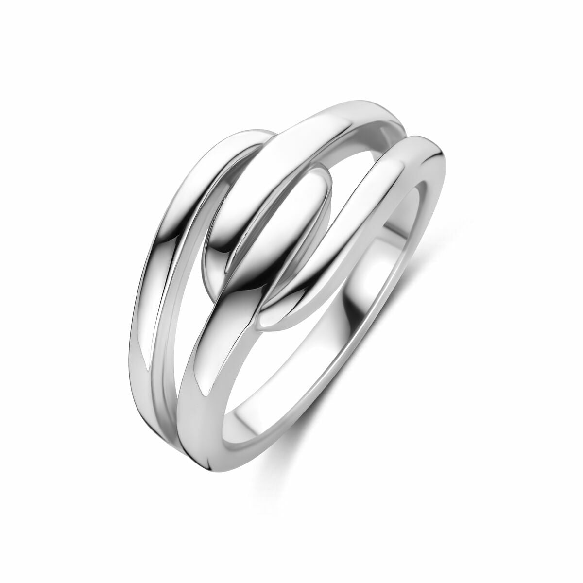Anillo de dama de plata rhodium, con diseño entrelazado y acabado brillante.