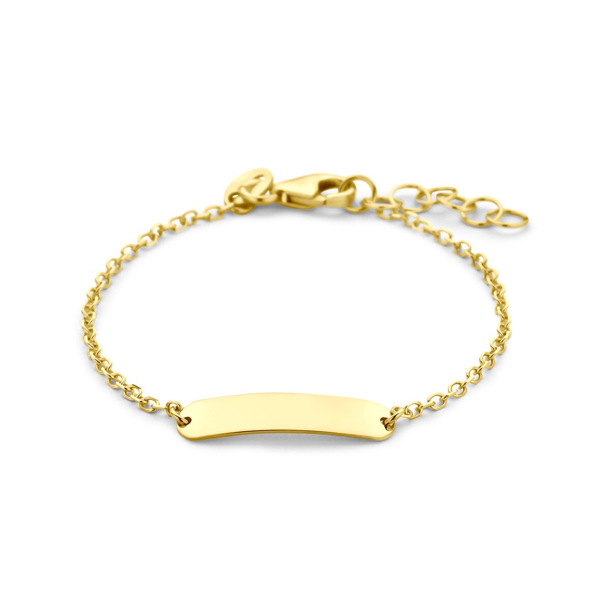 Pulsera de oro amarillo de 9 quilates con placa para grabar y cadena ajustable.