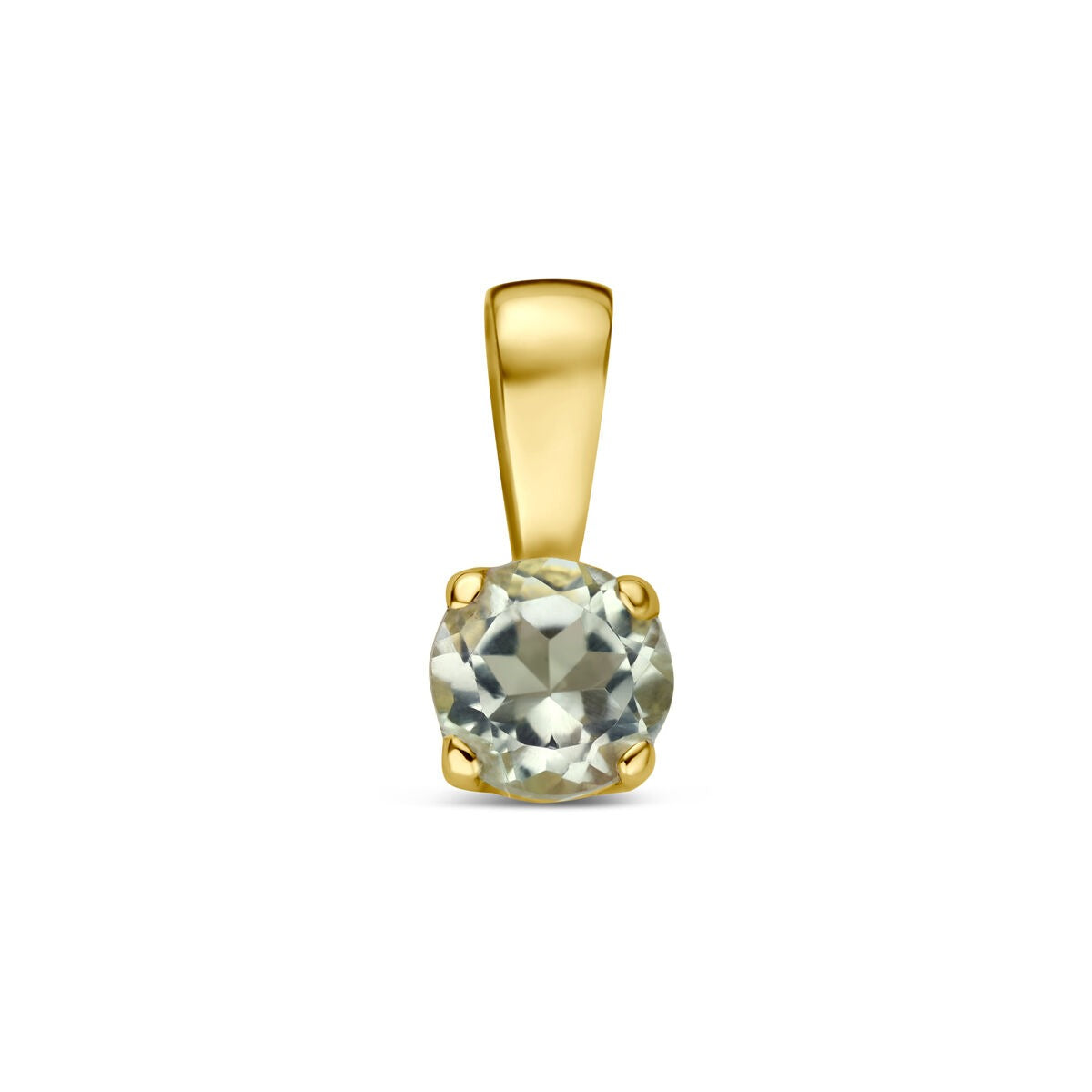 Colgante de oro amarillo de 14k con ametista verde, forma redonda y engaste de cuatro garras.
