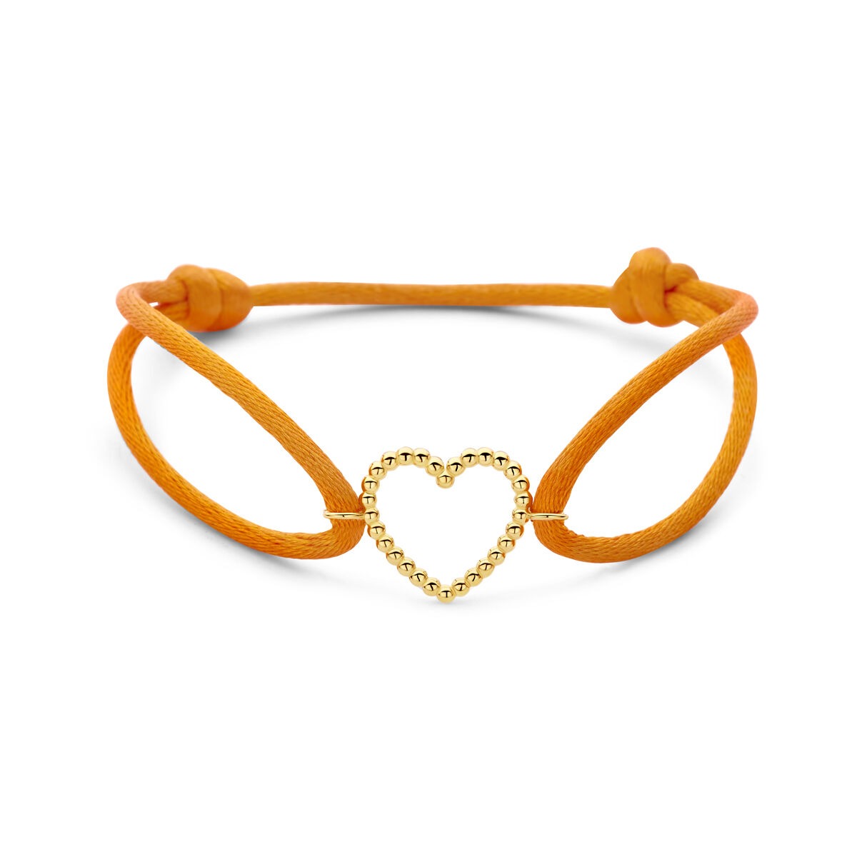Pulsera de satén naranja con corazón de oro amarillo de 14k.