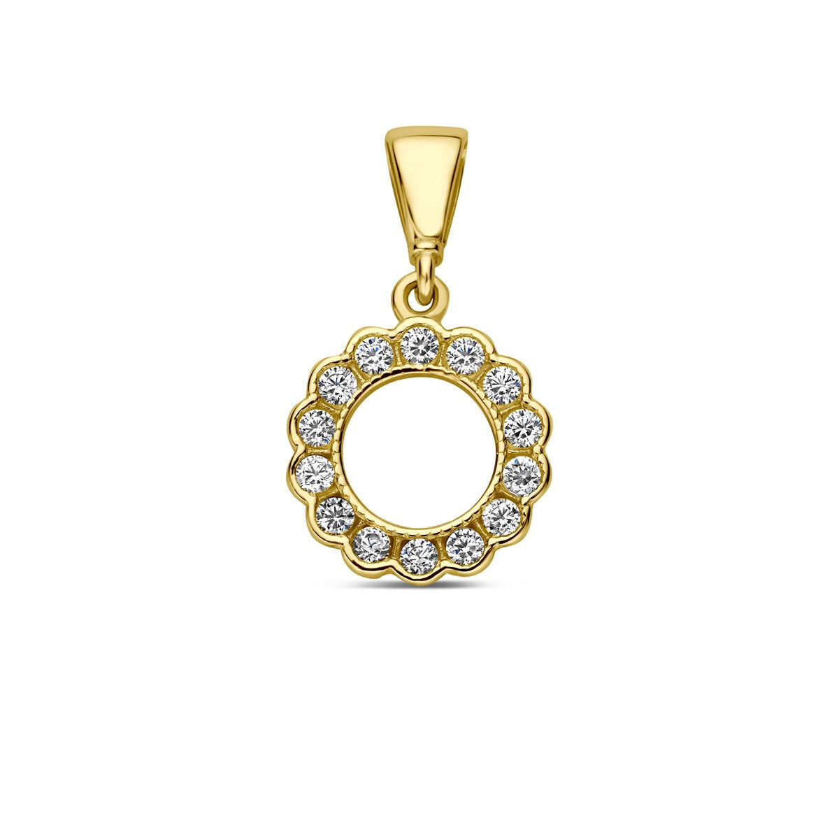 Colgante redondo de oro amarillo de 9 quilates con circonitas brillantes en forma de flor.