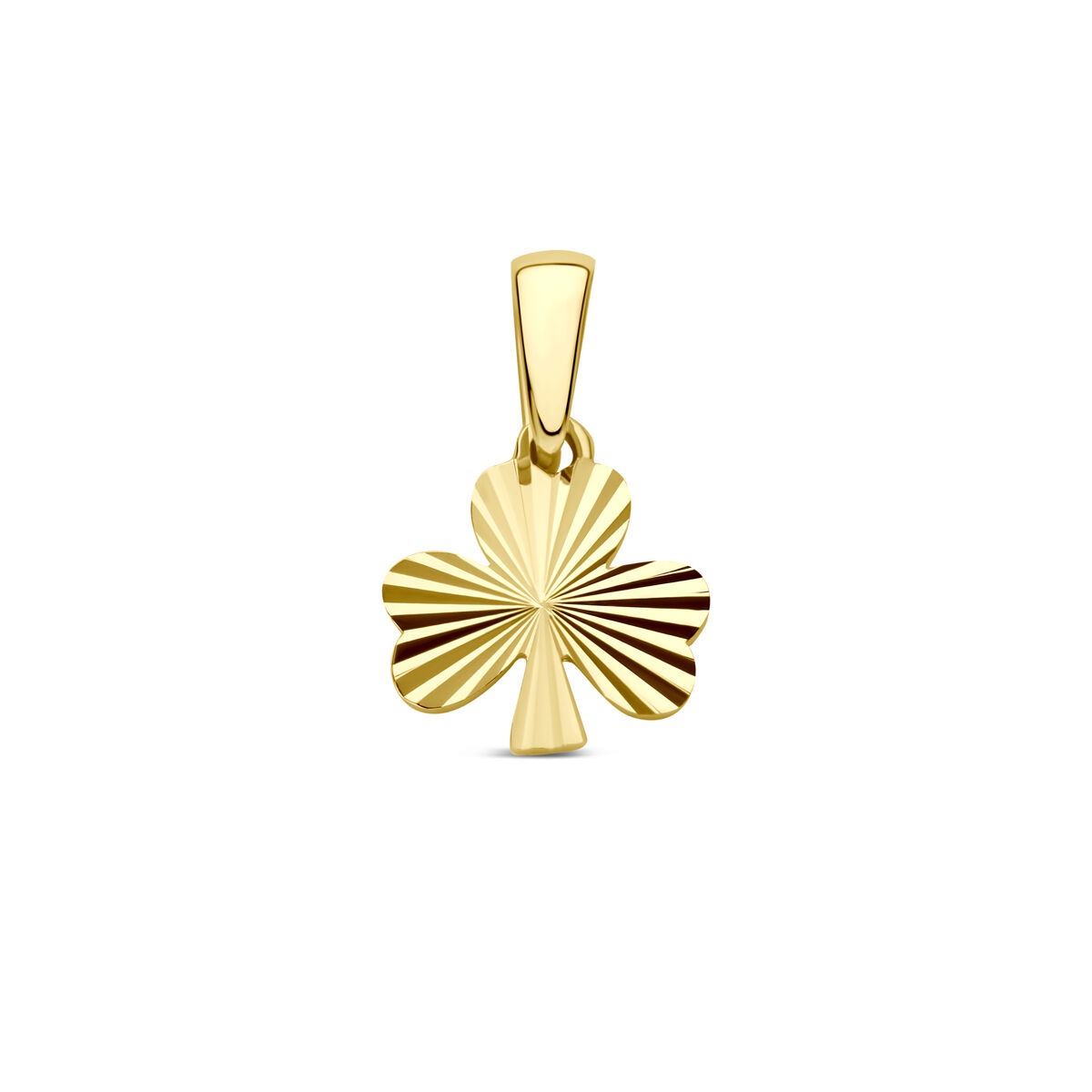 Colgante de trébol en oro amarillo de 14k con acabado estriado, ideal para grabar.