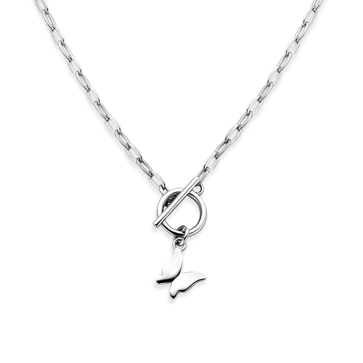 Collar de plata 925 rodiada con un colgante de mariposa y cierre de anilla.