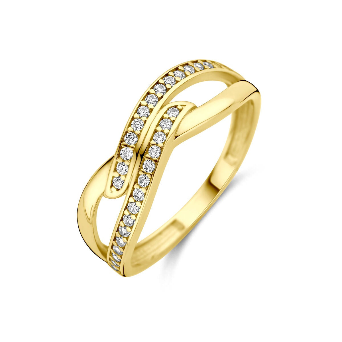 Anillo de oro amarillo de 9 quilates con zirconias en un diseño entrelazado.