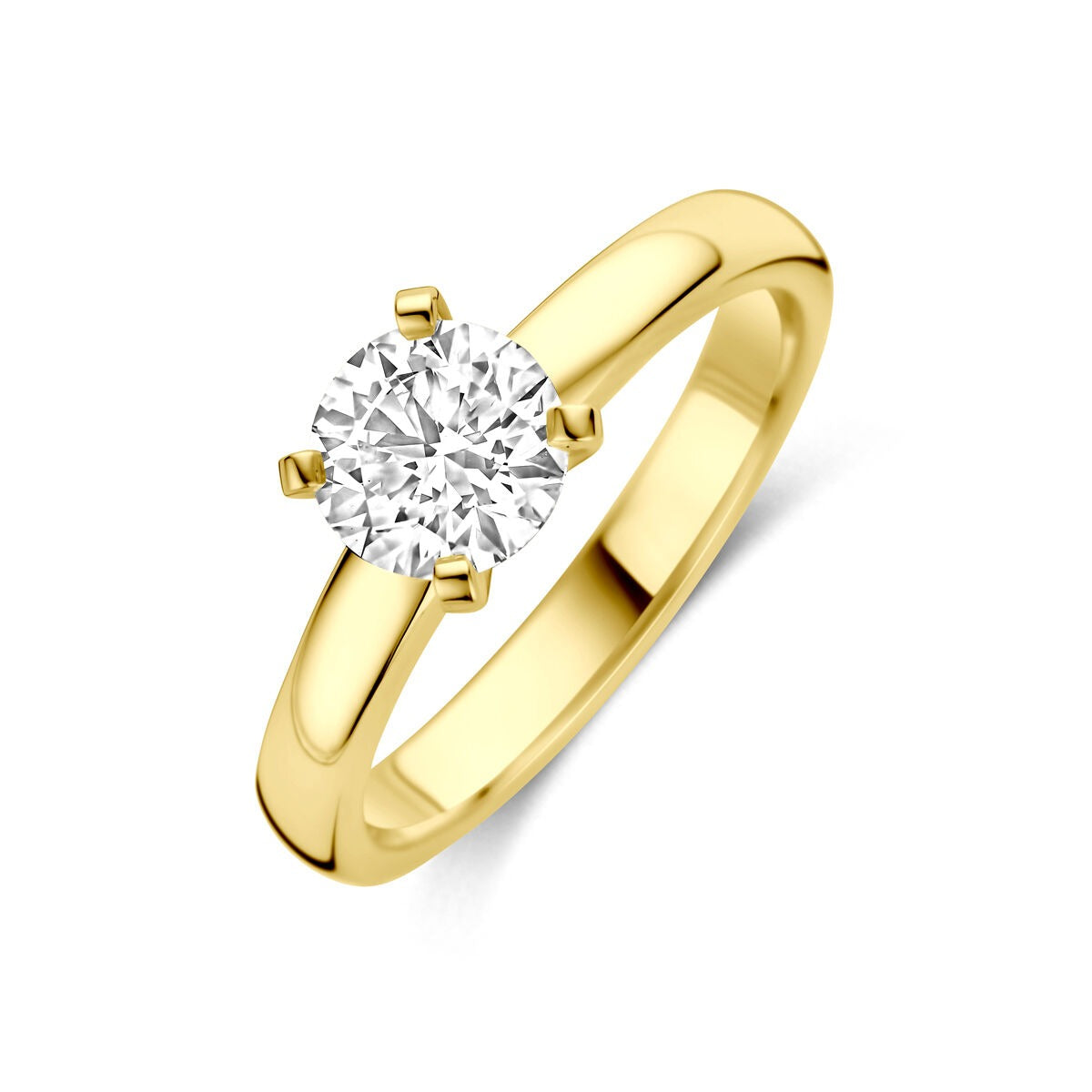 Anillo de oro amarillo de 14k con diamante lab-grown de 1.00ct en engaste de cuatro garras.