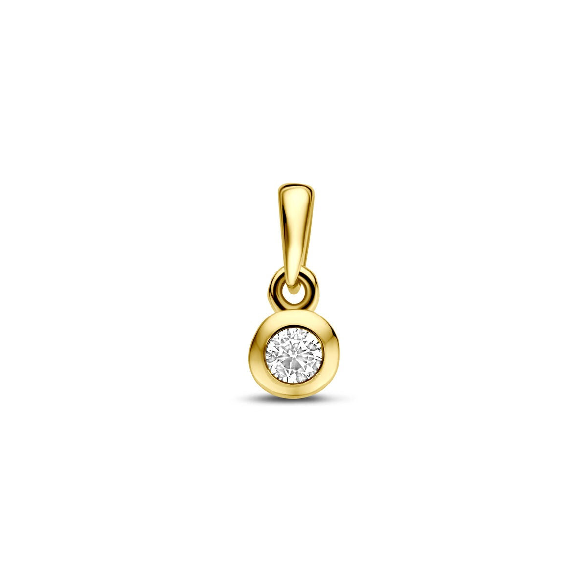 Colgante dorado de 14k con zircón, forma redonda y brillante de 11 mm.