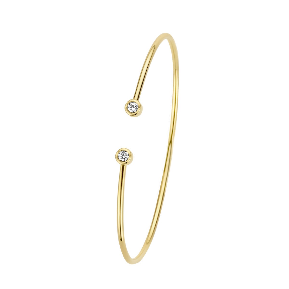 Bangle de oro amarillo de 14k con dos diamantes brillantes.