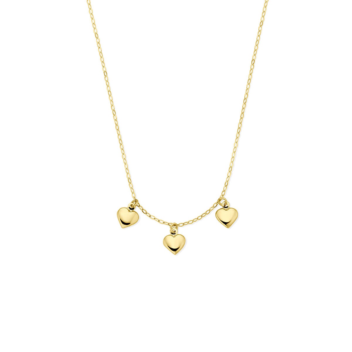Cadena de oro amarillo con tres corazones colgantes, ajustable de 40 a 42 cm.
