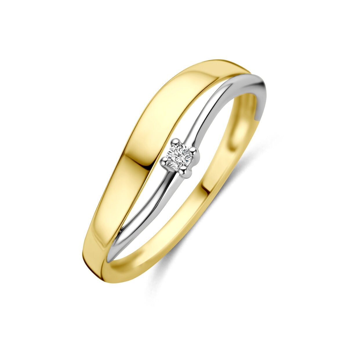 Anillo bicolor de oro amarillo y blanco de 14k con un diamante en el centro.