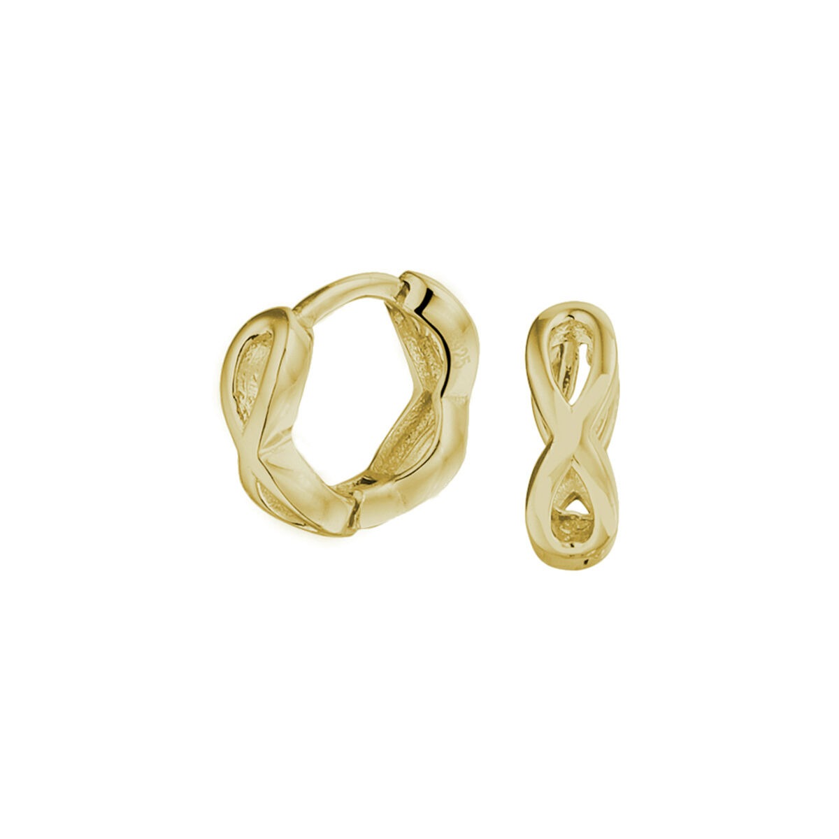 Pendientes de aro dorados de plata con un diseño de acento de amistad en forma de infinito.