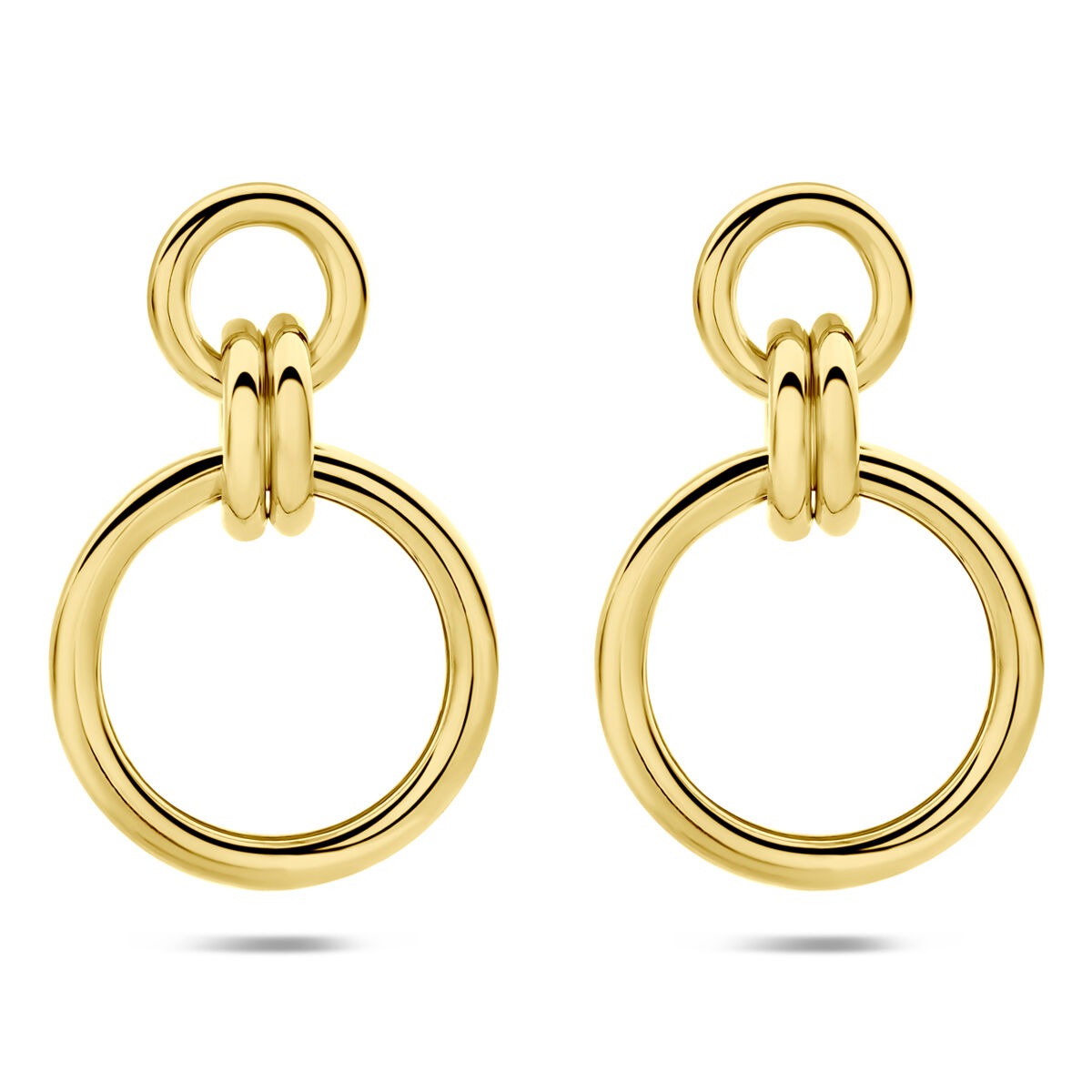 Pendientes largos de plata 925 bañados en oro con forma circular.
